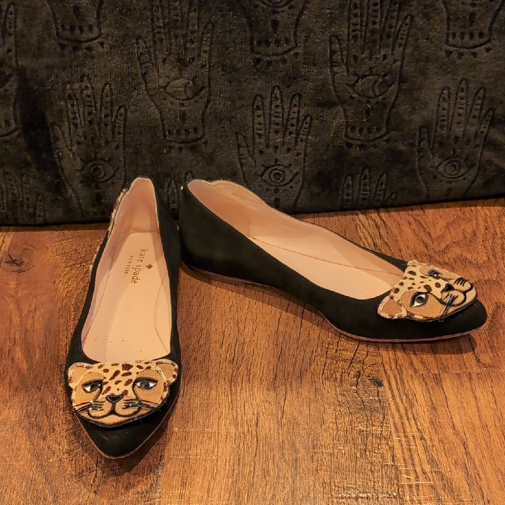Kate Spade Black Flats with Leopard Face Detail
